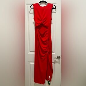 Halara Round Neck Twisted Cut Out Ruched Drawstring Split Hem Bodycon Dress